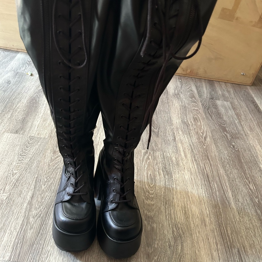 Demonia Black Lace-Up Platform Boots WIDE CALF